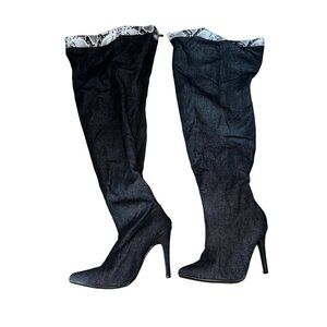 Denim Thigh High Heeled Boots Snake Print Trim Plus Size 9W Denim Sexy Cushioned
